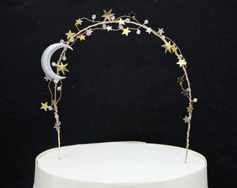 Gold and Silver Wedding Cake Toper Arch of Metal Stars and Silver Celestial Moon Wedding Decor