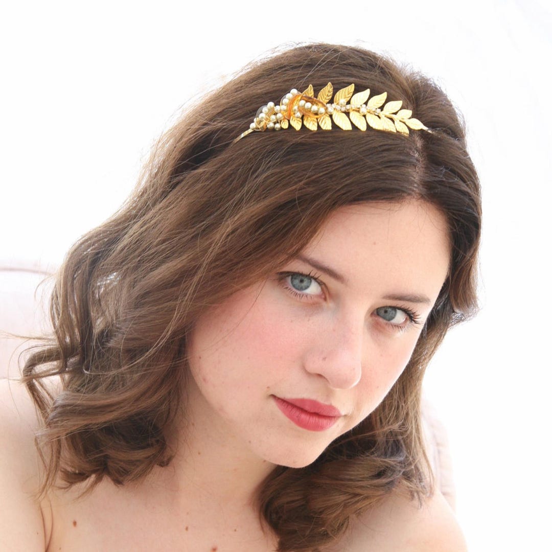 Vintage Gold Leaf Headband w Pearl Grecian Fifties Hair Accessory Jewelry Pretty Leaf Hair Accessory, Golden Leaf Hair Vine, Grecian Hair  main image 2