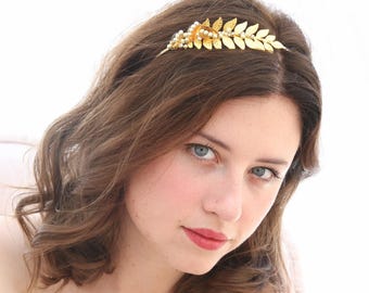 Gold Leaf Pearl Headband: Grecian Wedding Headpiece