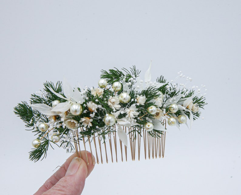 Wedding Flower Hair Comb of Preserved Greenery, Dried Flowers and Dried Leaves with Wired Pearls in Green and Ivory image 7