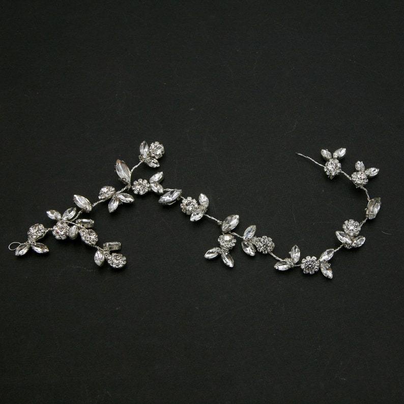 Rhinestone Wired Hair Vine, Wedding Headpiece of Rhinestone Flowers and Leaves 画像 3