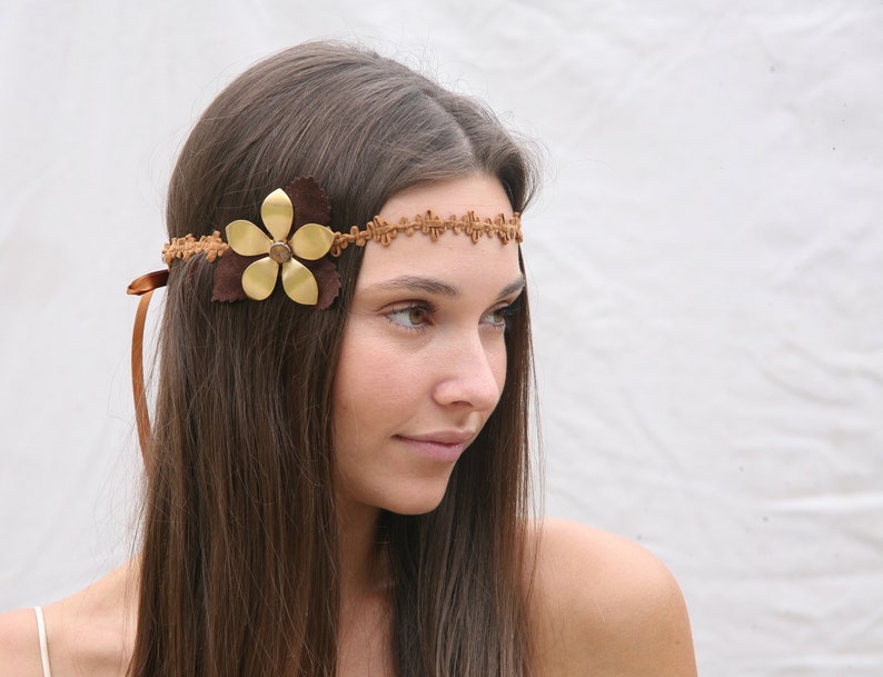 Hippie Bohemian Tie Headband of Camel Suede Trim, brown Leaves and a large metal daisy, Boho Festival Fashion image 4