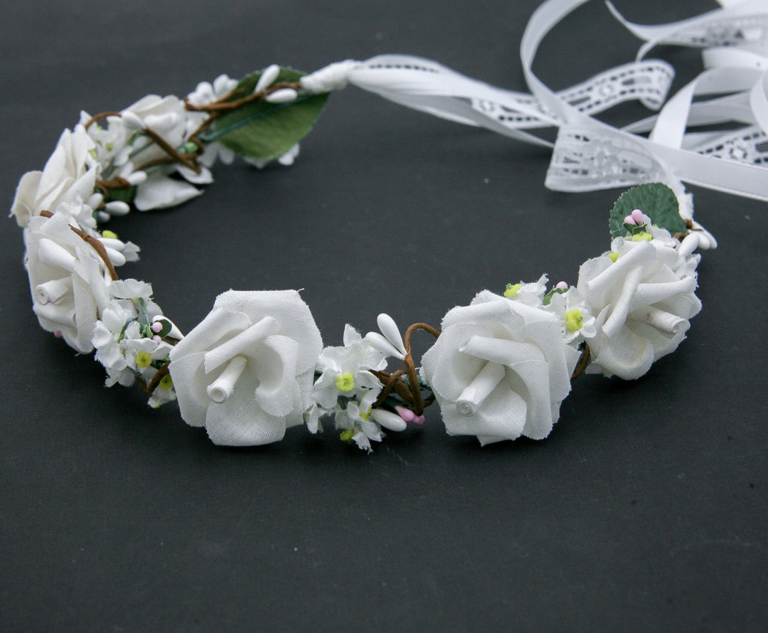 White Rose Flower Crown With Ribbon and Lace Ties Boho Etsy