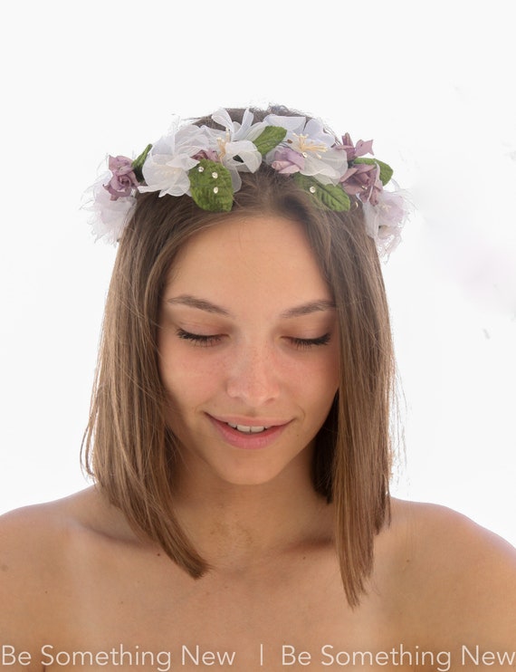 Vintage Flower Crown In Lavender and White with G… - image 5