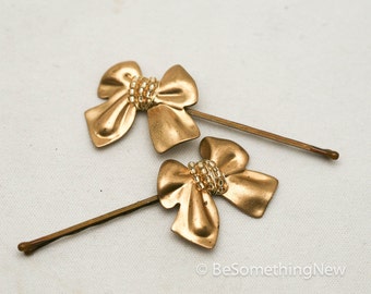 Hair Bobbie Pins, Set of Two Gold Vintage Metal Bows Bobbies, Hair Accessory, Womens Hair