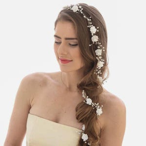 Extra Long Flower Wedding Hair Vine: Pearl, Rhinestone & Floral Headpiece