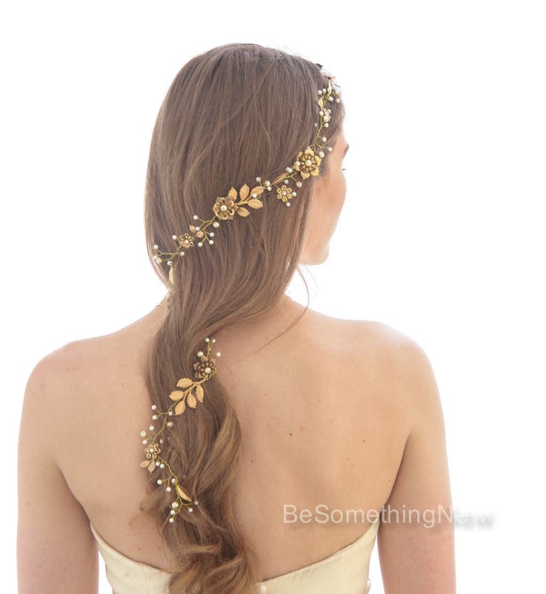 Long Gold Wedding Hair Vine of Wired Pearls and Metal Flowers and Leaves, Bridal Headpiece Gold Hair Wrap, Hair Jewelry Metal Flower Tiara image 6
