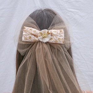 Boho Wedding Veil: Gold Netting, Ivory Floral Bow Headpiece