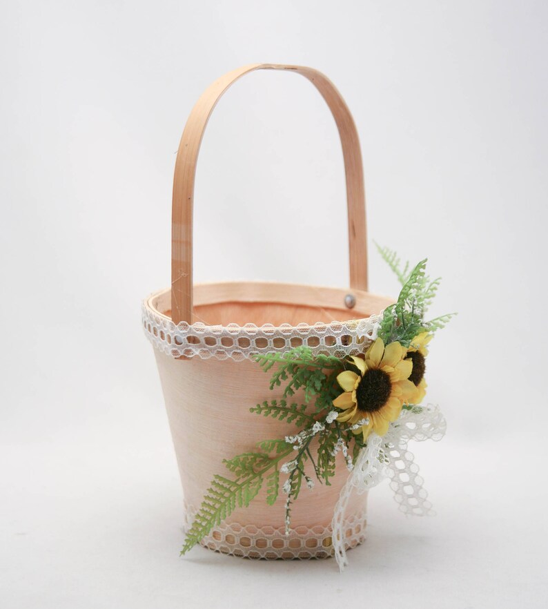 Flower Girl Basket with Sunflowers, Fern and Vintage Lace, Floral Basket for a Flower Girl Rustic Wedding Accessories, Easter Baskets image 6