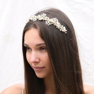 Pearl Wedding Tiara with Vintage Enameled Leaves Bridal Hair Accessories