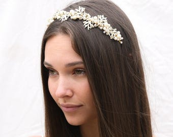 Pearl Wedding Tiara with Vintage Enameled Leaves Bridal Hair Accessories