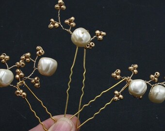 Stora pärlor och guldpärlor för bröllopshårspännen, set med tre, håraccessoarer