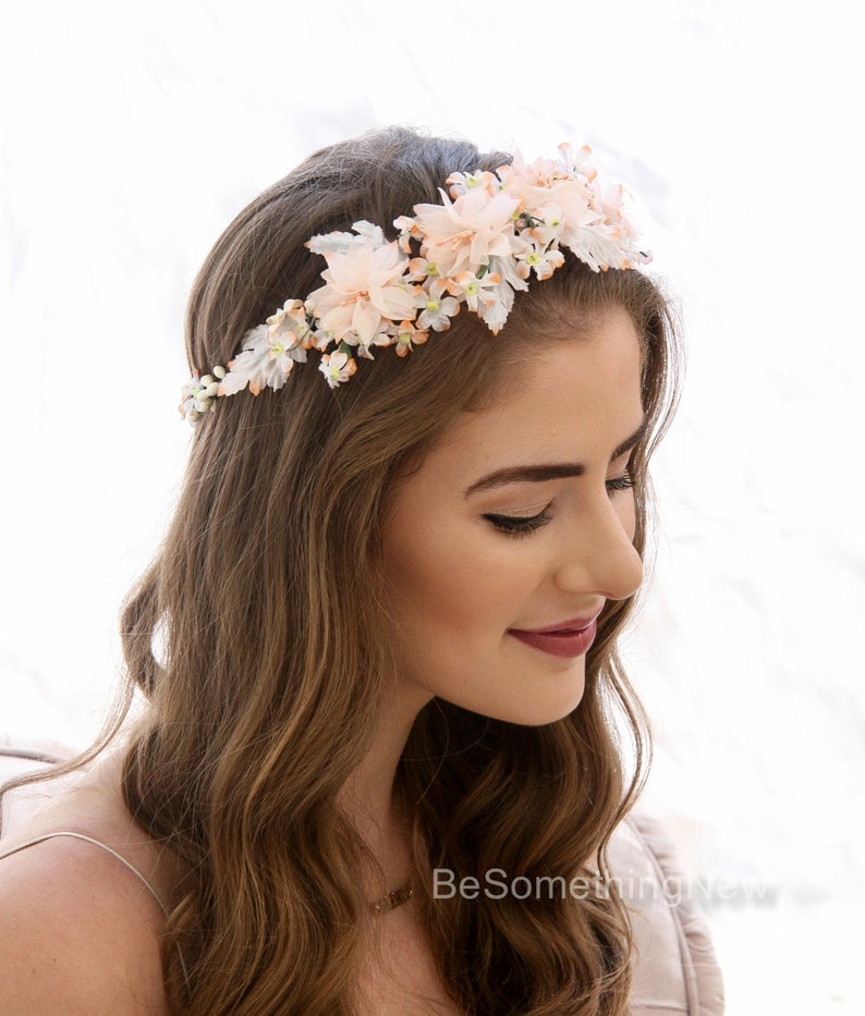 Peach Flower Crown Made From Vintage Flowers Floral Headband Bridesmaids Hair Accessory Flower Girl Halo Boho Music Festival Flower Crown