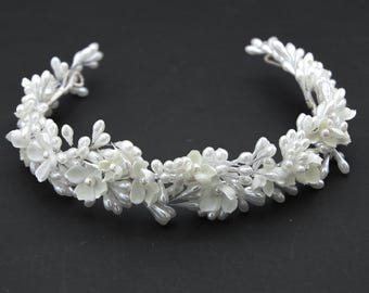 Wedding Tiara made from Vintage wax Pearlized Pips and Flowers in White