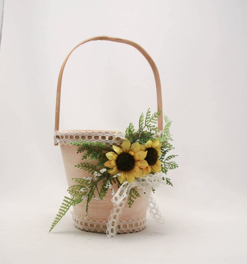 Flower Girl Basket with Sunflowers, Fern and Vintage Lace, Floral Basket for a Flower Girl Rustic Wedding Accessories, Easter Baskets image 3