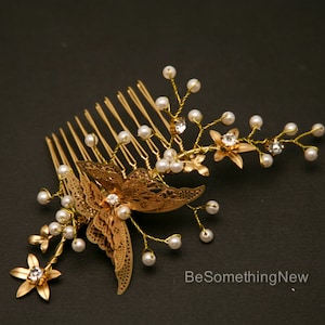 Gold Butterfly Comb, Beaded Golden Boho Hair Comb Gold Wedding Hair Comb, Metal Flower and Butterfly Beaded Comb set image 6