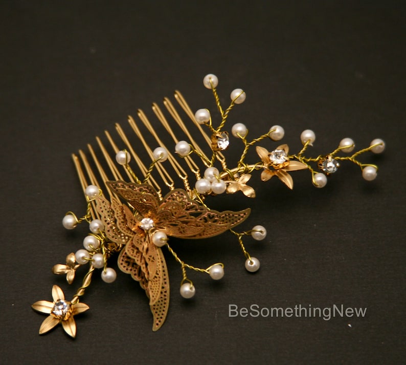 Gold Butterfly Comb, Beaded Golden Boho Hair Comb Gold Wedding Hair Comb, Metal Flower and Butterfly Beaded Comb set image 6