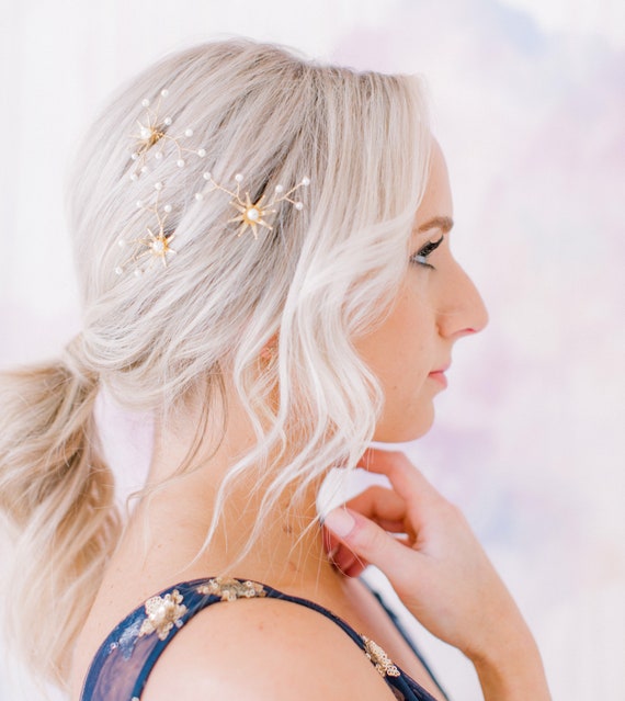 Gold Celestial Bridal Hair Pin Set: Star Flower, Champagne  display picture 2
