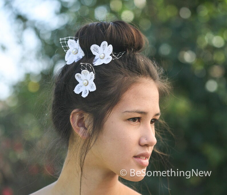 Vintage Lace Flower Hair Pins with Pearl - Wedding Hair Accessory Set (3) image 3
