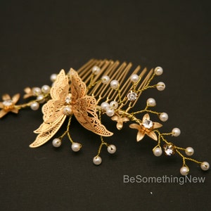 Gold Butterfly Comb, Beaded Golden Boho Hair Comb Gold Wedding Hair Comb, Metal Flower and Butterfly Beaded Comb set image 5