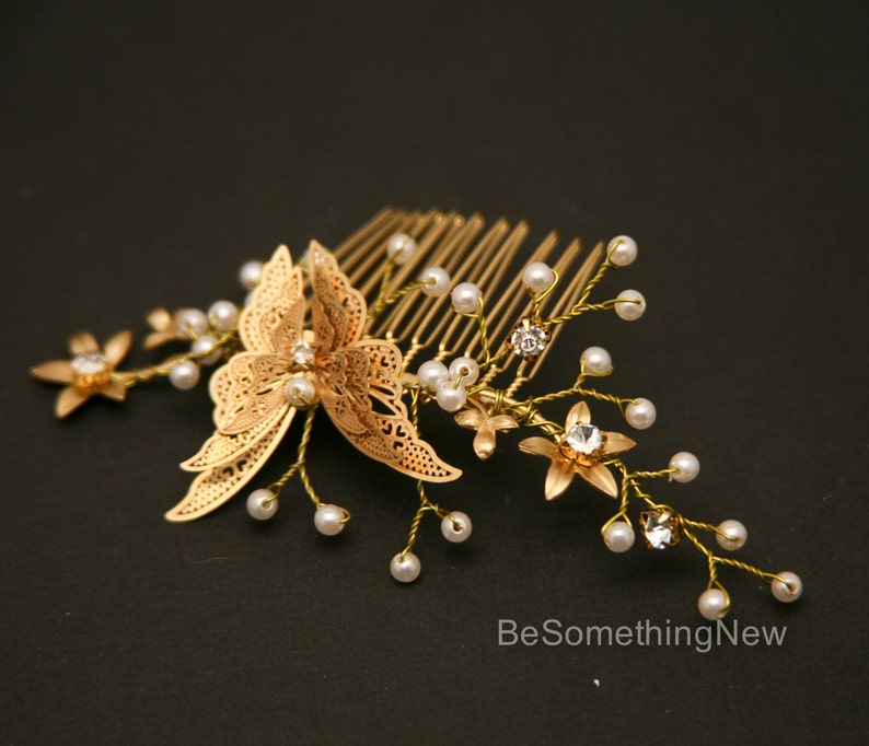 Gold Butterfly Comb, Beaded Golden Boho Hair Comb Gold Wedding Hair Comb, Metal Flower and Butterfly Beaded Comb set image 5