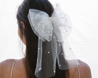 Juinte Haarschleife Mit Perlen Für Hochzeit – Weiß, 50 Cm Schleier, Mit Haarspange