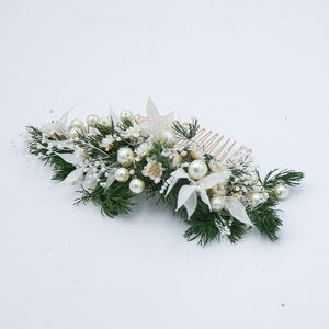 Wedding Flower Hair Comb of Preserved Greenery, Dried Flowers and Dried Leaves with Wired Pearls in Green and Ivory image 6