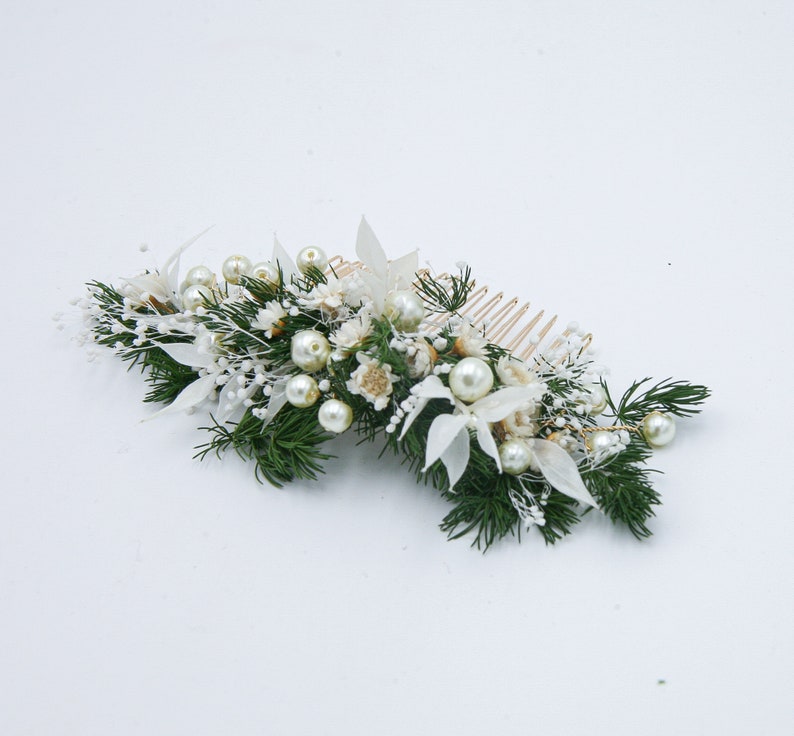 Wedding Flower Hair Comb of Preserved Greenery, Dried Flowers and Dried Leaves with Wired Pearls in Green and Ivory image 6