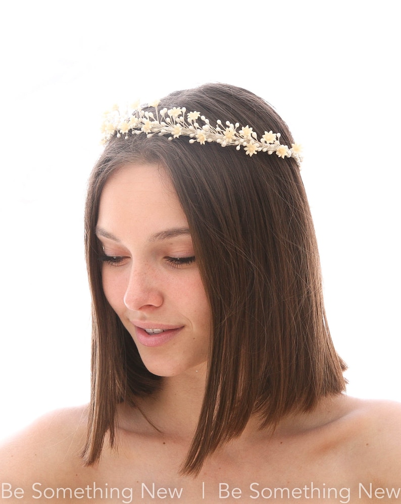 Vintage Wax Flower Crown Small Antique Wax Flower Daisy and Pearl Pip Halo Wreath Ivory Wedding Headpiece