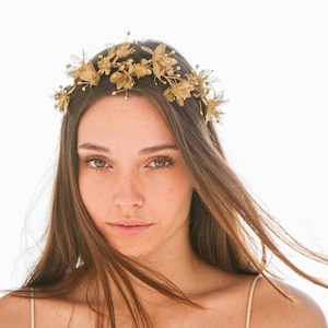 Liane de cheveux de mariage floral doré : couronne de mariée bohème rustique