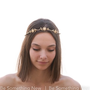 Gold Wedding Headpiece with Golden Stars and Rhinestones, Celestial Wedding Boho Wired Gold Tiara Hair Accessory 画像 9