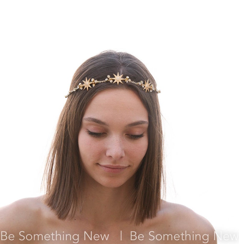 Gold Wedding Headpiece with Golden Stars and Rhinestones, Celestial Wedding Boho Wired Gold Tiara Hair Accessory 画像 9