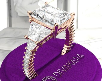 Radiant Cut Lab Grown Diamond Engagement Ring: Trapezoid Sides, Baguette Band