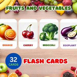 32 cartes flash Fruits et légumes | Imprimable pour les enfants | Cartes éducatives numériques
