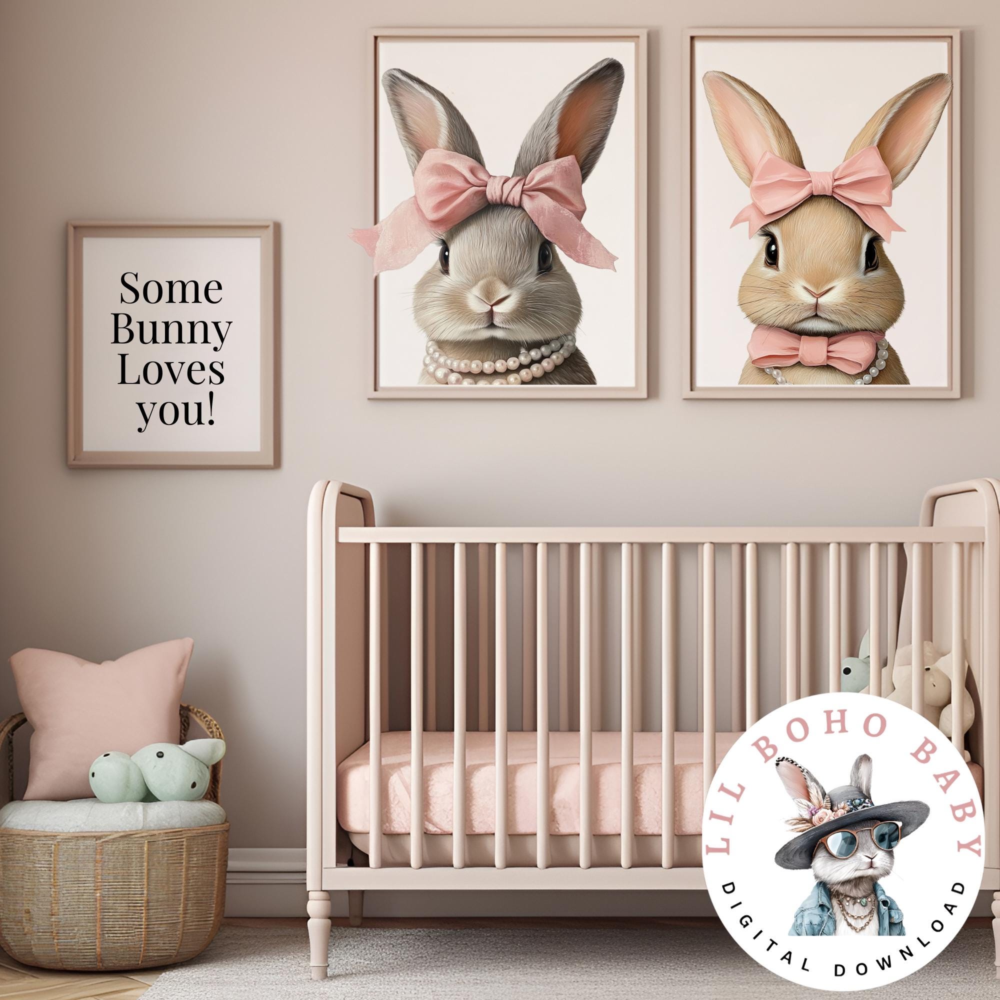 Bunnies and Bows Nursery Wall Art | Cute Bunny Rabbit Prints | Pink ...