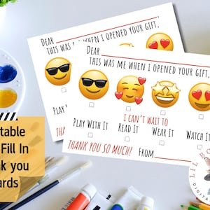 Druckbare Emoji Dankeskarten für Kinder 18x12cm | Digitaler Download mit Bonus Gift List Tracker | Kinderpapier und Party-Briefpapier