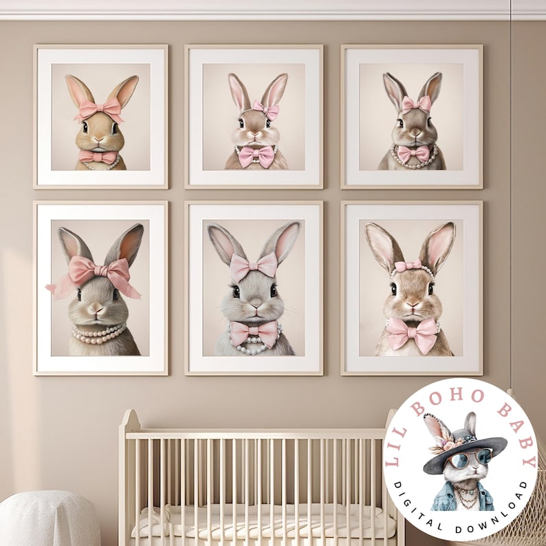 Bunnies and Bows Nursery Wall Art | Cute Bunny Rabbit Prints | Pink ...