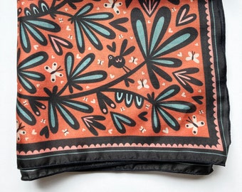 Pumpkin Silk Scarf with Birds, Butterflies, and Beautiful Branches