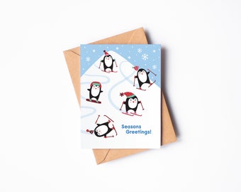 Ski Sled Snowboard Penguin Holiday Seasons Greetings Card