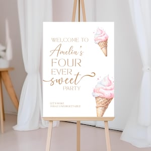 Ice Cream Birthday Welcome Sign - Four Ever Sweet Party Sign - Editable Printable Poster - 4th Birthday Decor