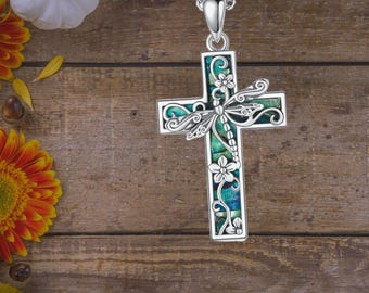 Dragonfly Cross Necklace For Women 925 Sterling Silver Abalone Shell Flower Dragonfly Pendant Necklace