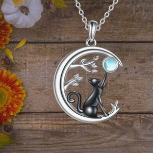 Cat Moon Necklace 925 Sterling Silver Cute Animal Moonstone Tree of Life Necklace For Women Girls
