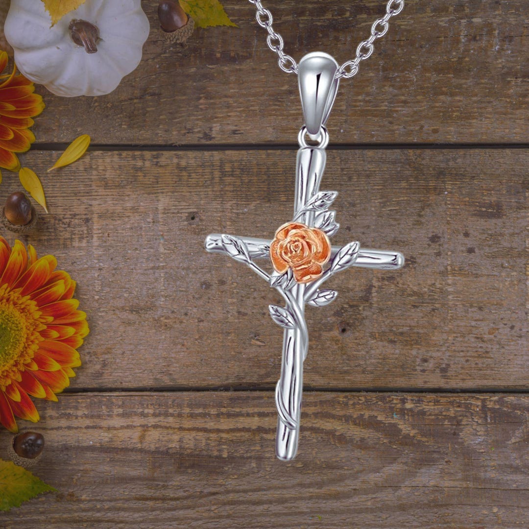 Rose Cross Necklace for Women Sterling Silver Flower Christian Pendant ...