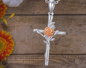 Rose Cross Necklace For Women Sterling Silver Flower Christian Pendant Necklace