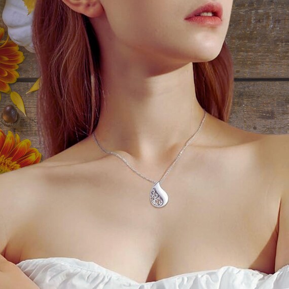 925 Sterling Silver Cremation Urn Pendant – Tree Of Life Tear Drop, 22” Chain, Memorial Jewelry