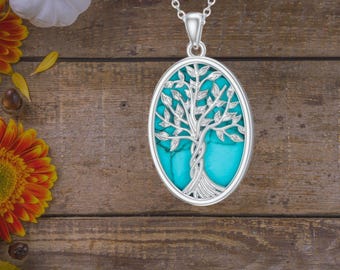 Ovale levensboom turkoois ketting voor dames 925 sterlingzilveren ketting voor dames