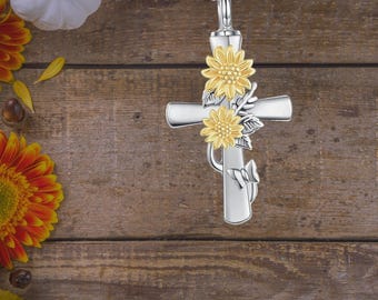 Sunflower Cross Urn Necklace For Ashes For Women 925 Sterling Silver Flower Urn Necklace
