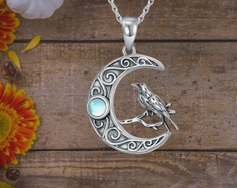 Celtic Moon Crow Necklace 925 Sterling Silver Moonstone Crow Celtic Bird Pendant Necklace For Women