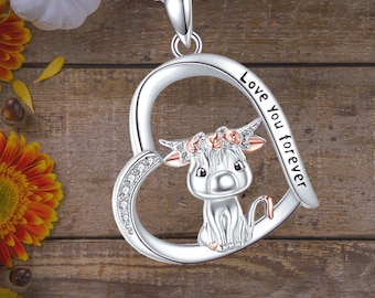 Love Heart Highland Cow Necklace 925 Sterling Silver Highland Cow Pendant Cute Animal Jewelry Gift for Women