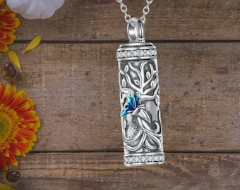 Tree of Life Butterfly Cylinder Urn Necklace 925 Sterling Silver Memorial Cremation Jewelry Keepsake for Women Funnel Kit